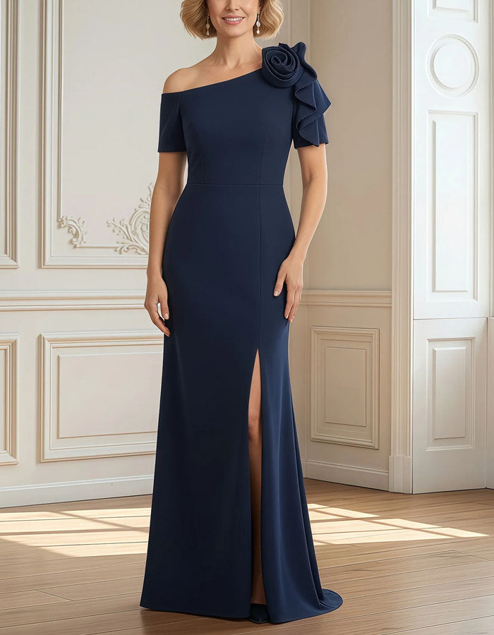 Navy Blue Sloping Shoulder 3D Fishtail Maxi Dress