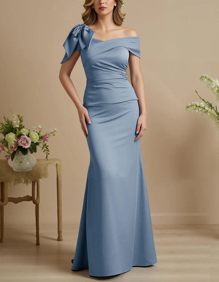 Blue Off Shoulder Satin Fishtail Maxi Dress