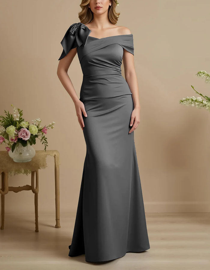 Blue Off Shoulder Satin Fishtail Maxi Dress
