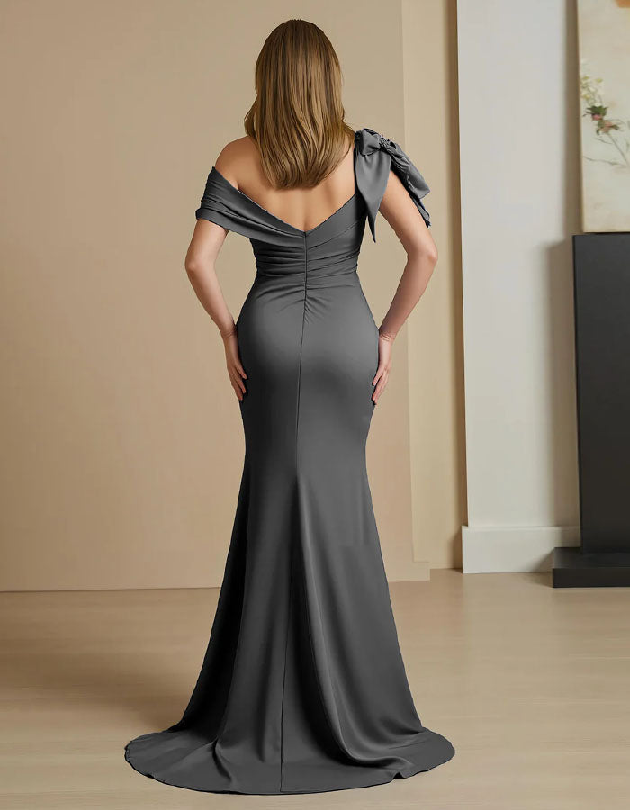 Blue Off Shoulder Satin Fishtail Maxi Dress
