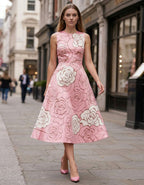 Pink And White Rose Print Waist Cinching Umbrella Midi Dress
