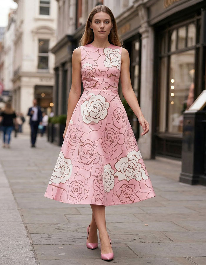Pink And White Rose Print Waist Cinching Umbrella Midi Dress