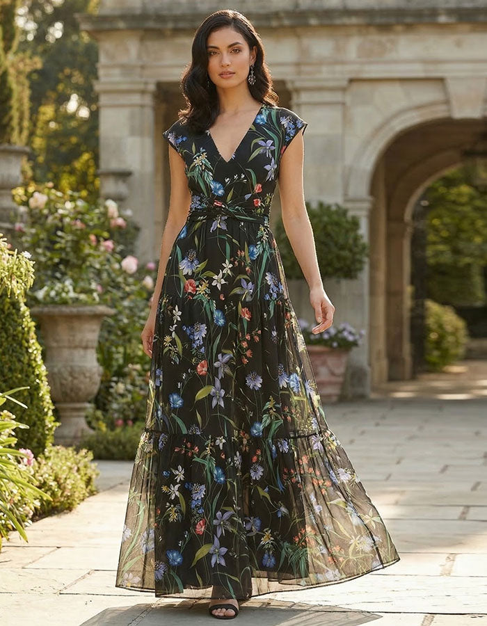 Black Floral V-Neck Chiffon Cake Maxi Dress
