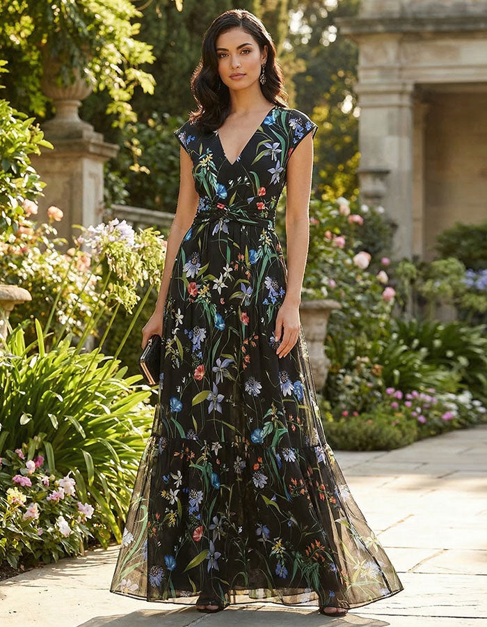Black Floral V-Neck Chiffon Cake Maxi Dress