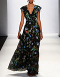 Black Floral V-Neck Chiffon Cake Maxi Dress