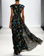 Black Floral V-Neck Chiffon Cake Maxi Dress