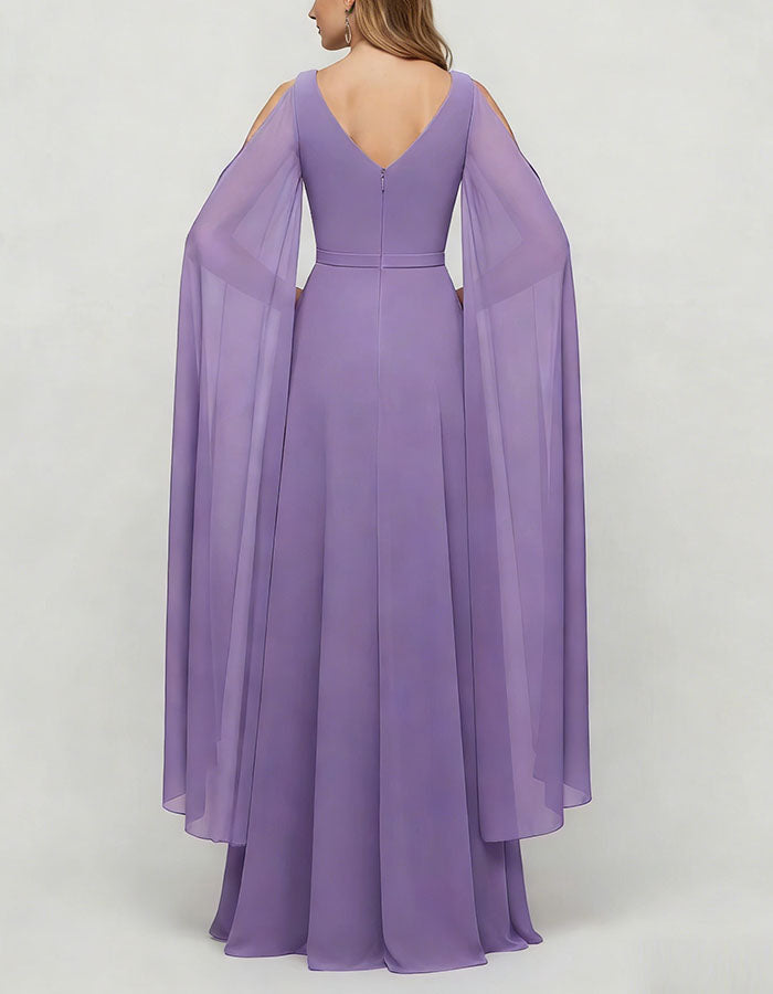 Purple V-Neck Slit Chiffon Cape Sleeves Maxi Dress