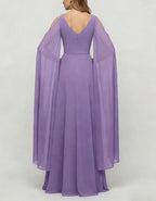 Purple V-Neck Slit Chiffon Cape Sleeves Maxi Dress