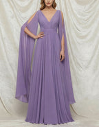 Purple V-Neck Slit Chiffon Cape Sleeves Maxi Dress