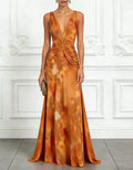 Warm Orange Tie Dye Print V-Neck Knot Maxi Dress