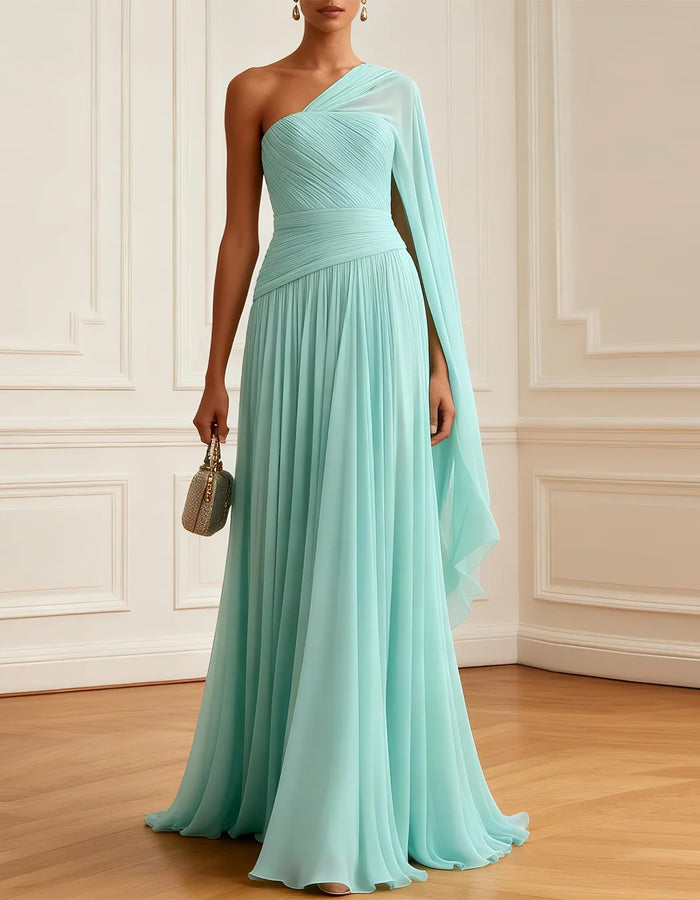 Mint Green One Shoulder Shawl With Pleated Chiffon Maxi Dress