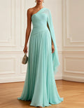 Mint Green One Shoulder Shawl With Pleated Chiffon Maxi Dress