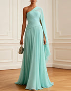 Mint Green One Shoulder Shawl With Pleated Chiffon Maxi Dress