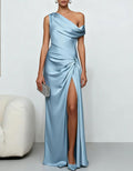 Blue Off Shoulder Twisted Satin High Slit Maxi Dress