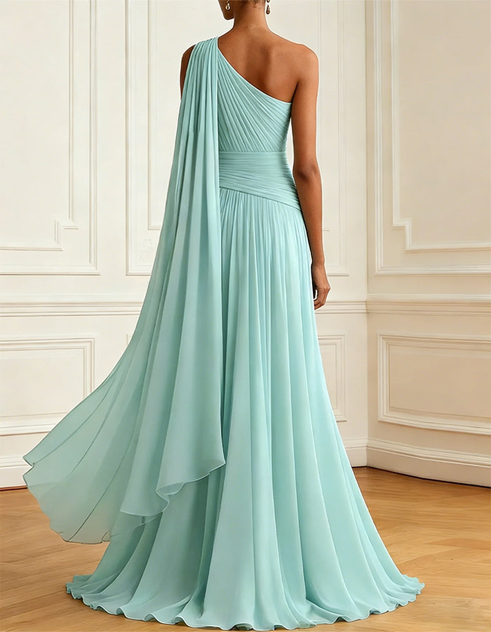 Mint Green One Shoulder Shawl With Pleated Chiffon Maxi Dress