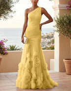 Solid Color One Shoulder 3D Floral Mesh Fishtail Maxi Dress