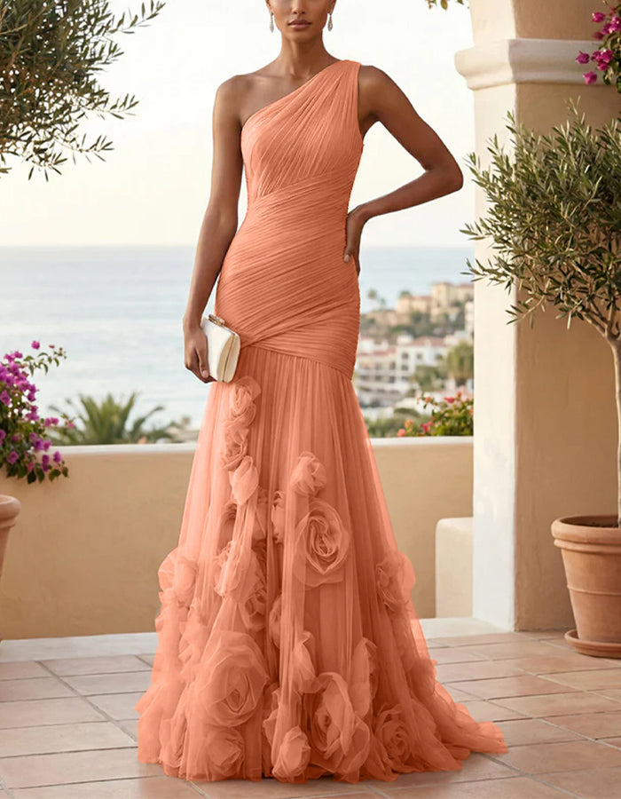 Solid Color One Shoulder 3D Floral Mesh Fishtail Maxi Dress
