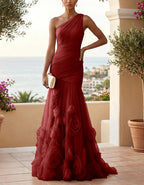 Solid Color One Shoulder 3D Floral Mesh Fishtail Maxi Dress