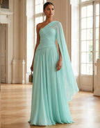 Mint Green One Shoulder Shawl With Pleated Chiffon Maxi Dress
