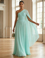 Mint Green One Shoulder Shawl With Pleated Chiffon Maxi Dress