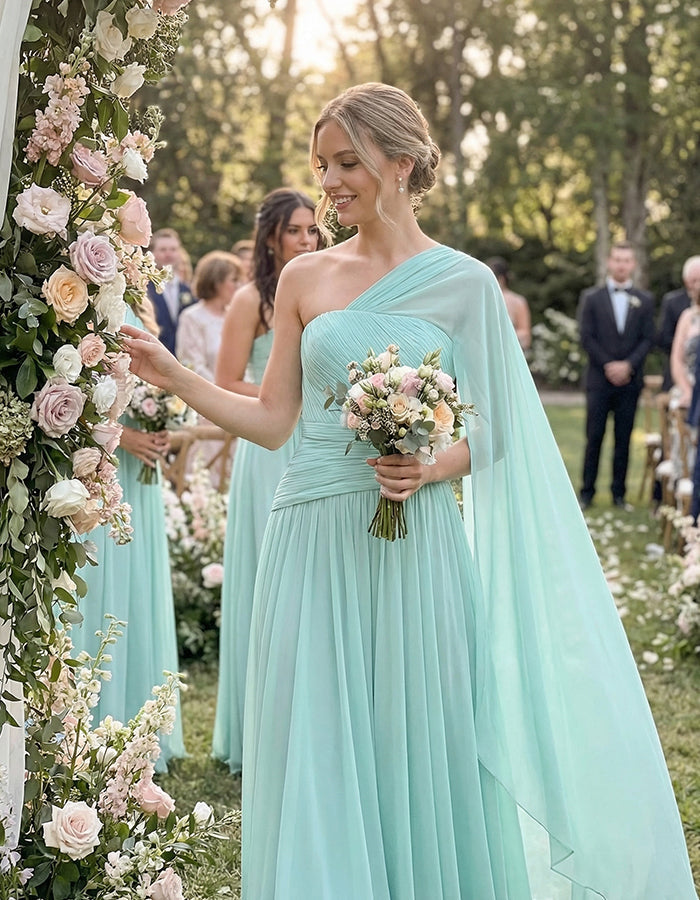 Mint Green One Shoulder Shawl With Pleated Chiffon Maxi Dress