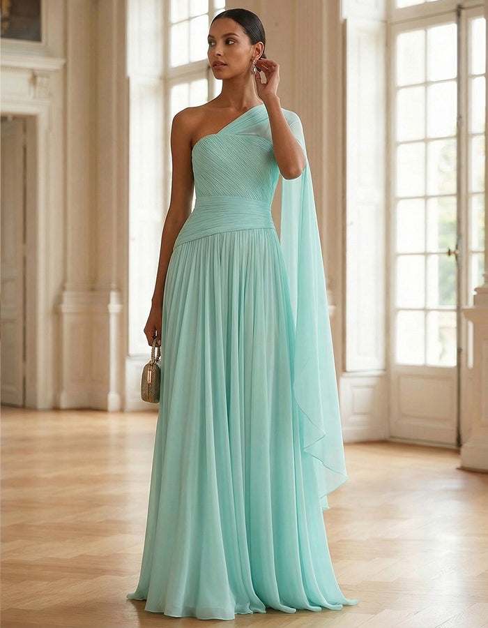 Mint Green One Shoulder Shawl With Pleated Chiffon Maxi Dress