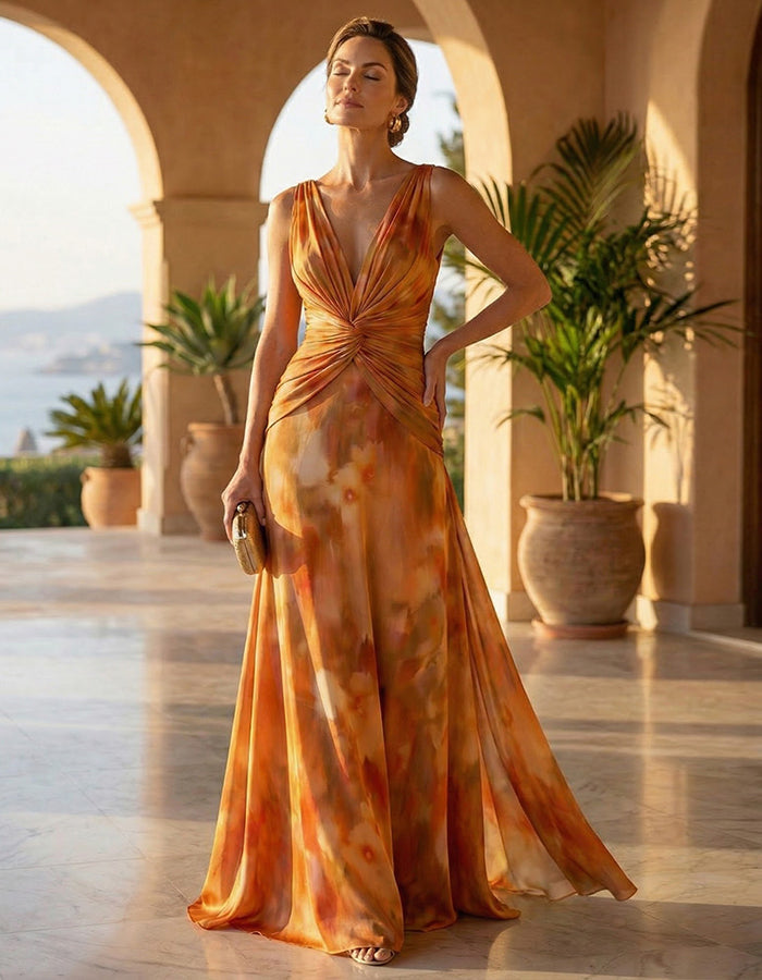 Warm Orange Tie Dye Print V-Neck Knot Maxi Dress