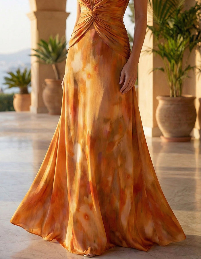 Warm Orange Tie Dye Print V-Neck Knot Maxi Dress
