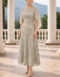 Solid Color Lace Flutter Sleeve Chiffon Maxi Dress