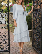 Solid Color Knotted Waist Chiffon Cake Layer Midi Dress