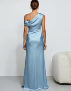 Blue Off Shoulder Twisted Satin High Slit Maxi Dress