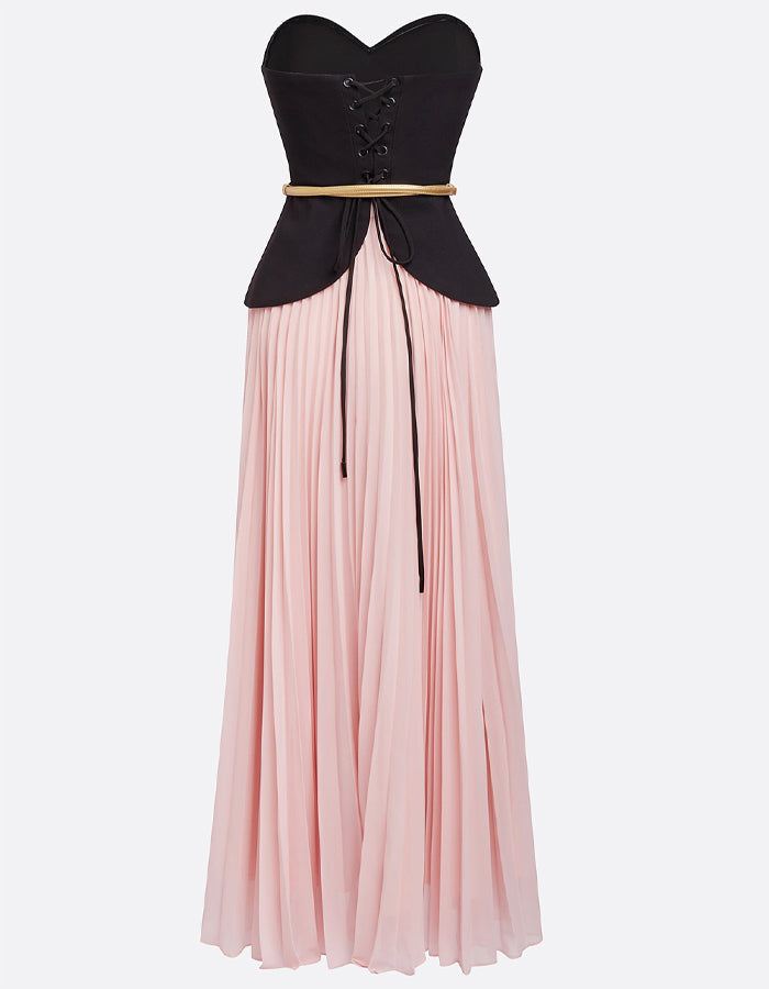 Black And Pink Strapless Pleated Chiffon Midi Skirt 2-Piece Suit