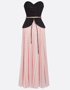 Black And Pink Strapless Pleated Chiffon Midi Skirt 2-Piece Suit