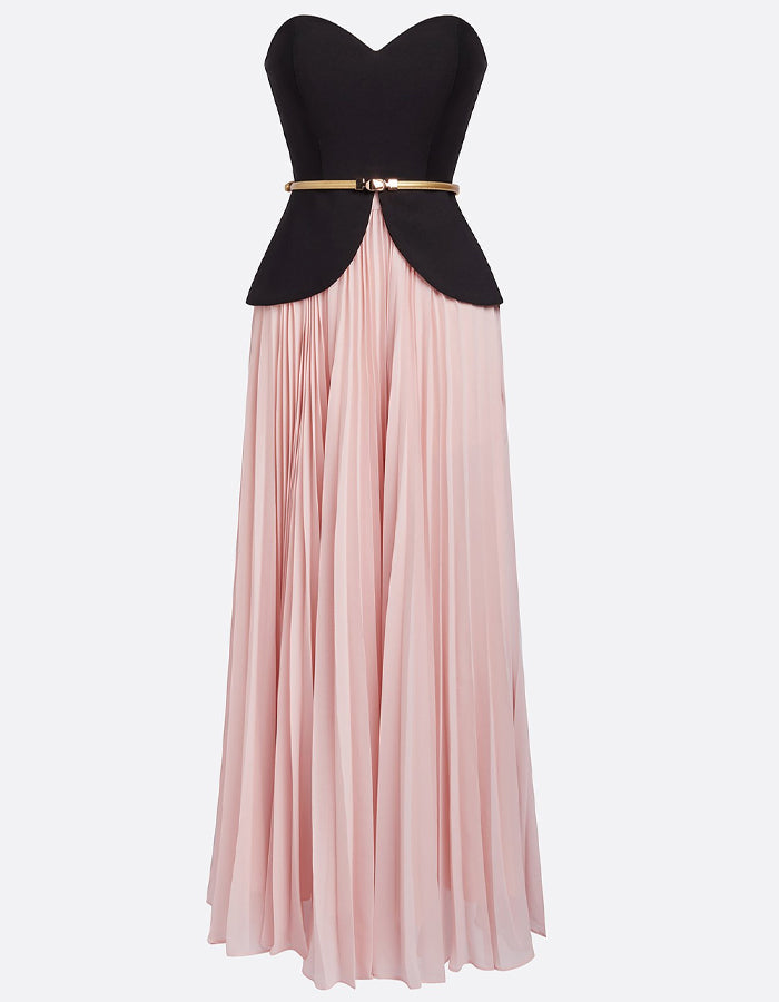 Black And Pink Strapless Pleated Chiffon Midi Skirt 2-Piece Suit
