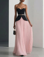 Black And Pink Strapless Pleated Chiffon Midi Skirt 2-Piece Suit