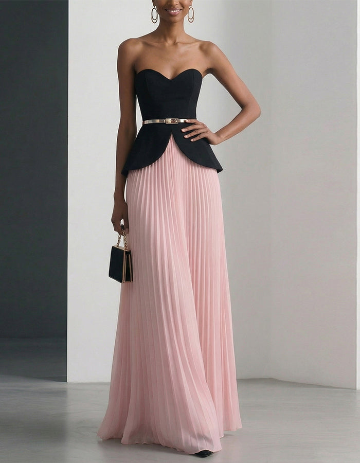 Black And Pink Strapless Pleated Chiffon Midi Skirt 2-Piece Suit