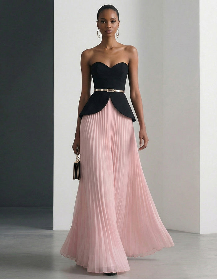 Black And Pink Strapless Pleated Chiffon Midi Skirt 2-Piece Suit