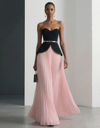 Black And Pink Strapless Pleated Chiffon Midi Skirt 2-Piece Suit