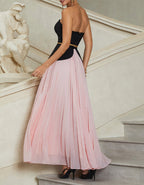 Black And Pink Strapless Pleated Chiffon Midi Skirt 2-Piece Suit