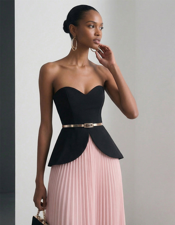 Black And Pink Strapless Pleated Chiffon Midi Skirt 2-Piece Suit