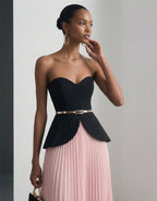 Black And Pink Strapless Pleated Chiffon Midi Skirt 2-Piece Suit