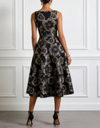 Black And Gold Floral Sleeveless Fitted Waist Flared Midi Dress