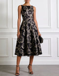 Black And Gold Floral Sleeveless Fitted Waist Flared Midi Dress