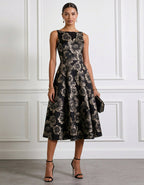 Black And Gold Floral Sleeveless Fitted Waist Flared Midi Dress
