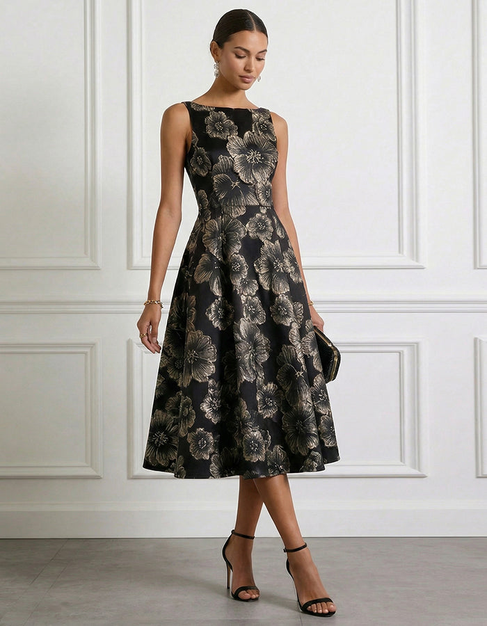 Black And Gold Floral Sleeveless Fitted Waist Flared Midi Dress