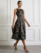 Black And Gold Floral Sleeveless Fitted Waist Flared Midi Dress