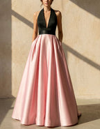 Black And Pink Halter Neck Deep V Satin Maxi Dress