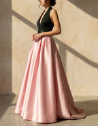 Black And Pink Halter Neck Deep V Satin Maxi Dress