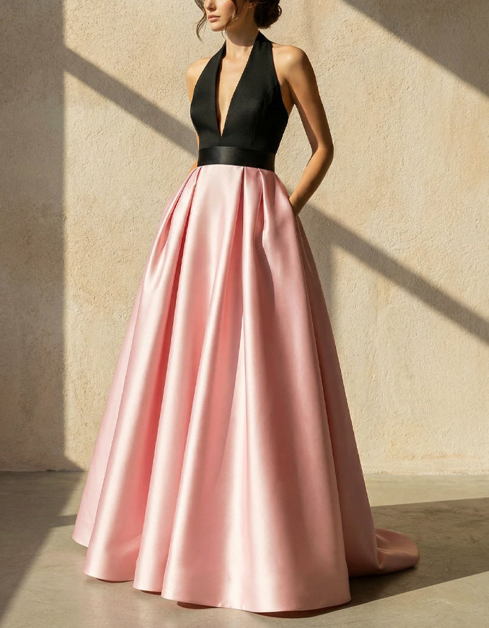 Black And Pink Halter Neck Deep V Satin Maxi Dress