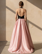 Black And Pink Halter Neck Deep V Satin Maxi Dress